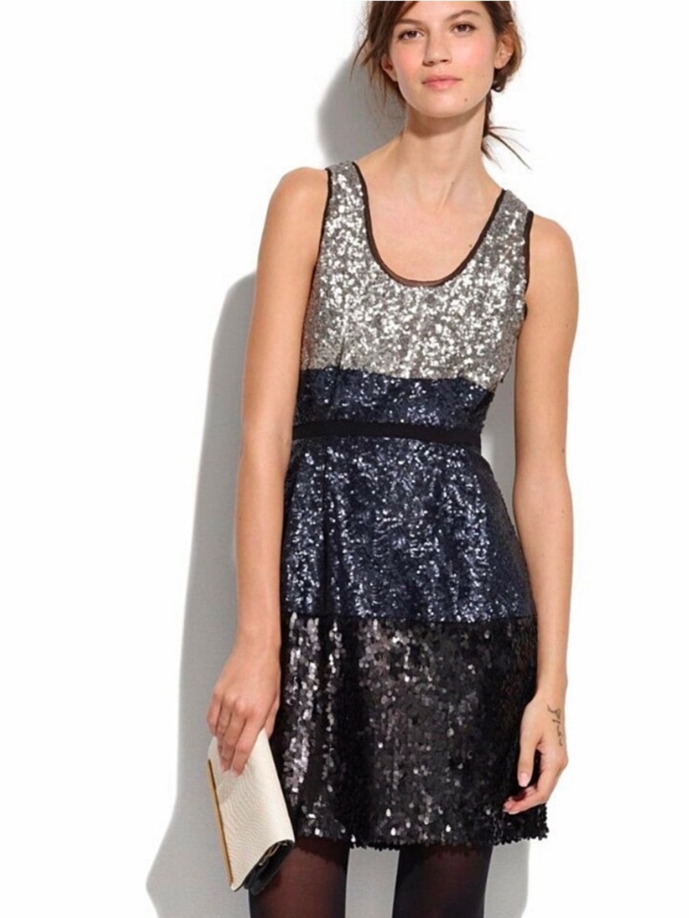 Madewell Three-Tone Sequin Tiered Cocktail Dress in Silver, Navy & Black